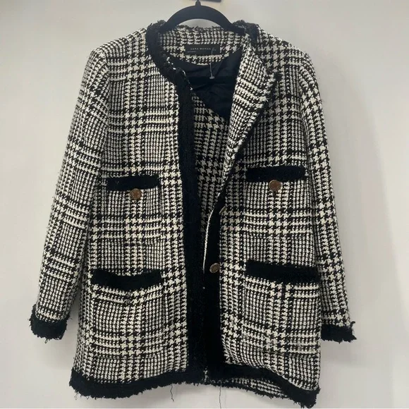 Zara Tweed Black And White Blazer academia gold buttons old money classy - Picture 10 of 16
